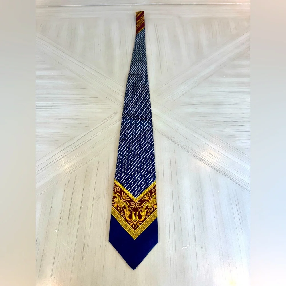 Vintage Gianni Versace 100% Silk Baroque Necktie Blue Gold Made in Italy 90s